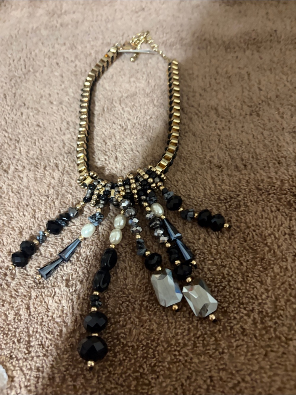 Chico's Gold Tone Beaded Fringe Necklace with Black and Pearl Accents